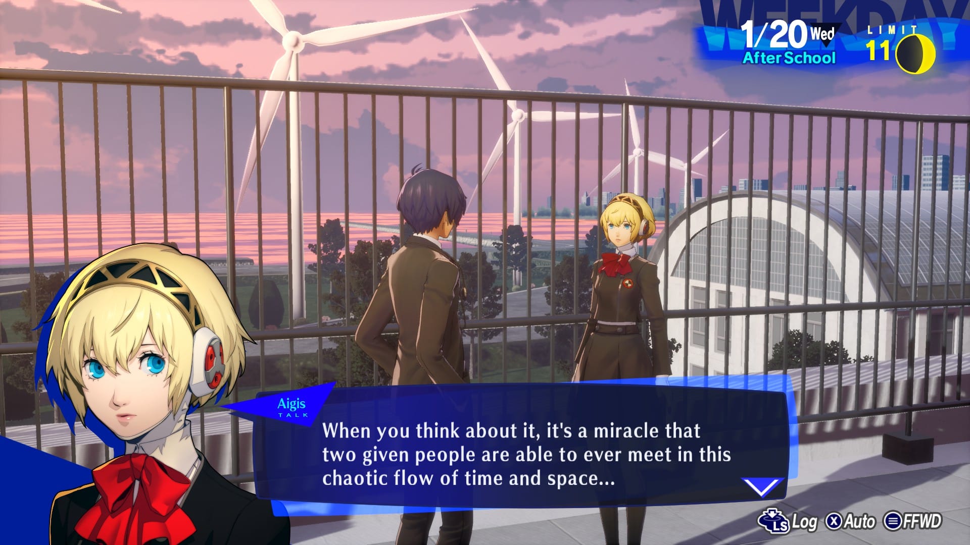 A picture of Aigis, a robot, talking to you, the main character.